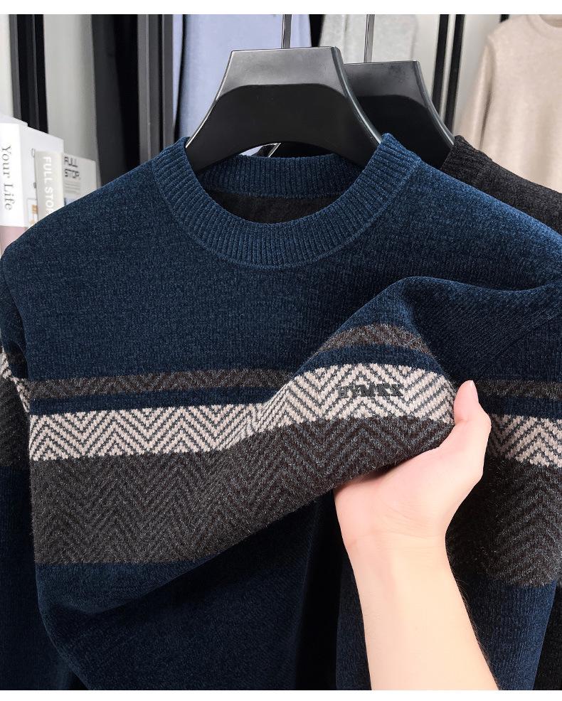 Winter Men's Plus Velvet Striped Round Neck Knit Sweater: Thick, Casual, Fashionable Trend.
