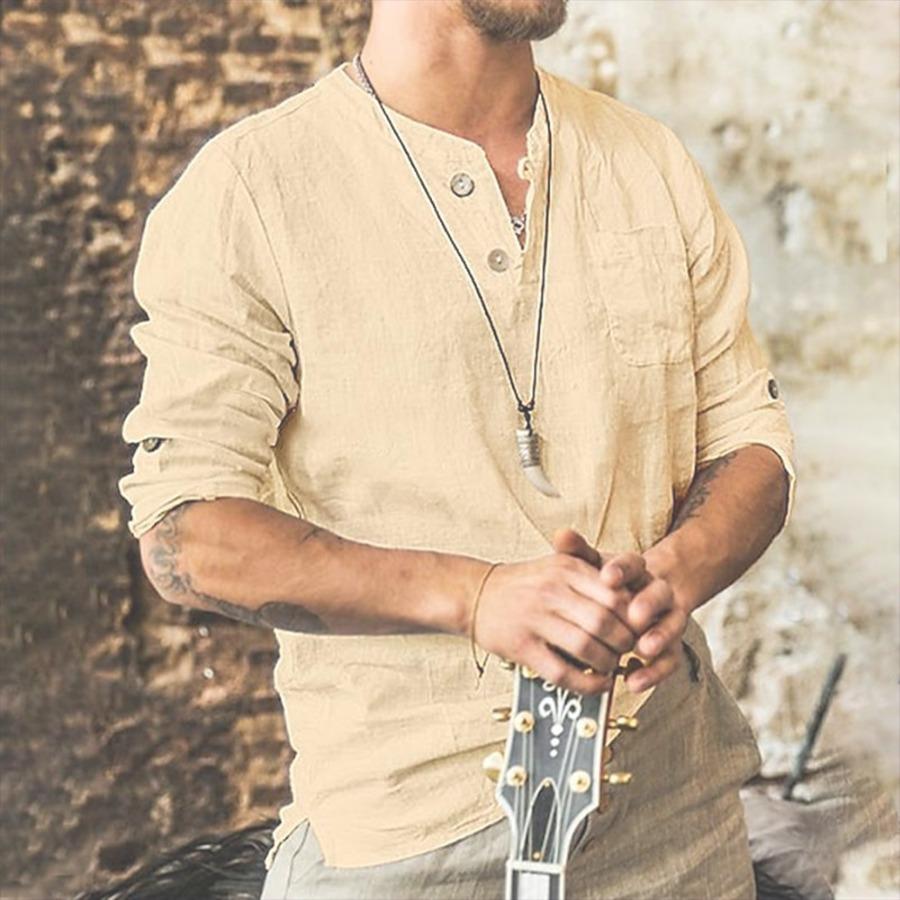 

Летние мужские рубашки с коротким рукавом, классический воротник-стойка, пуговицы, карман, однотонная рубашка, повседневная белая, хаки, синяя блузка, топ 3XL хаки