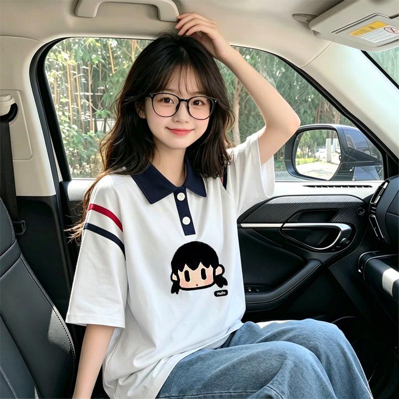 Girls' Stylish Patchwork Short-Sleeve Polo T-shirt - Summer Korean Style, Loose Fit, Cotton, Color Block Design, Medium to Large Sizes.