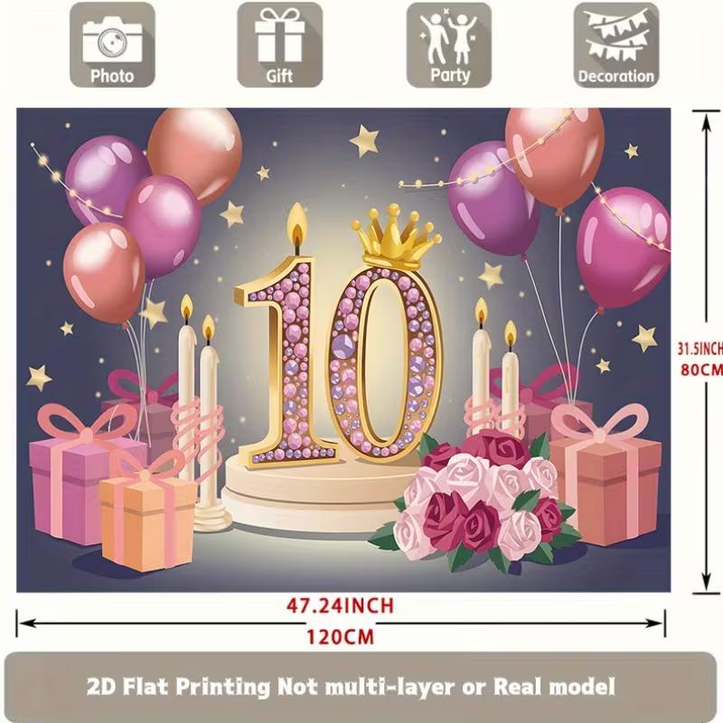 2D Rosa Gold 10. Geburtstag Kulisse mit Kerzen, Rosen & Geschenkboxen Party Banner