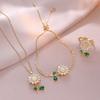 Gold Daisy Jewelry Set Rhinestone Sunflower Necklace Bracelet Ring Green Leaf Charm Elegant Wedding Gift For Women