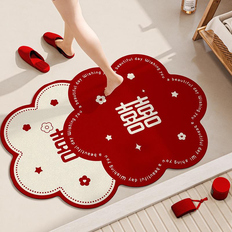 Wedding Bathroom Floor Mat Non-Slip And Anti-Drop Diatom Mud Absorbent Foot Mat Toilet Door Red Festive Carpet