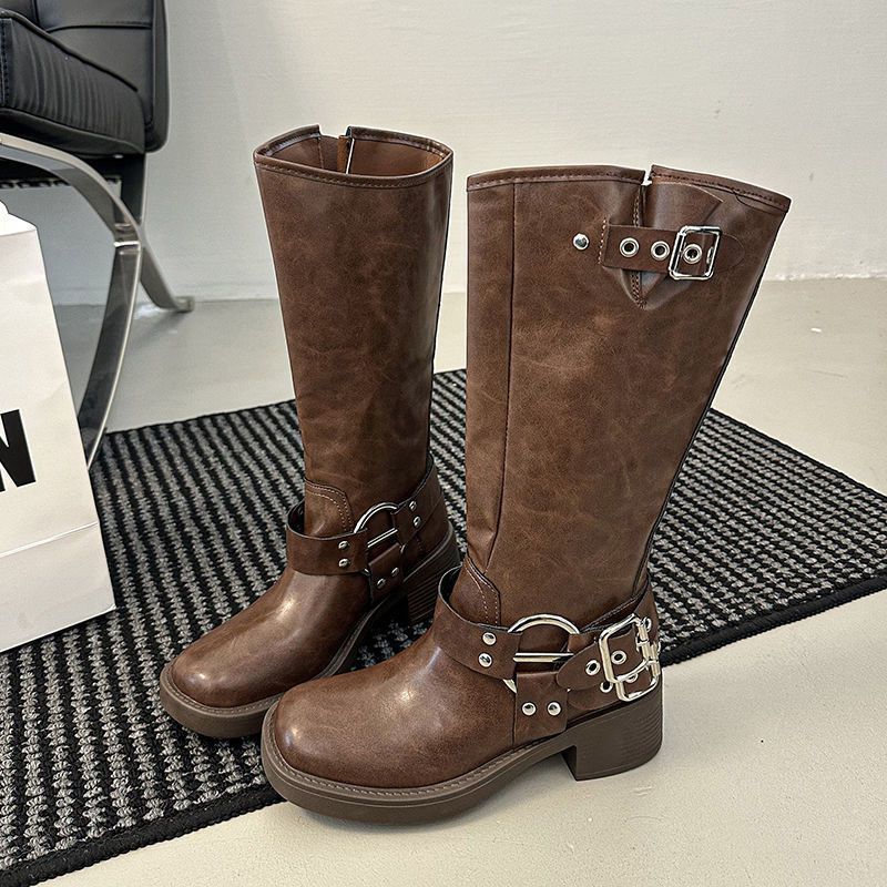 Internet celebrity retro western cowboy boots women's 2025 new knee-length knight boots thick heel belt buckle Martin boots