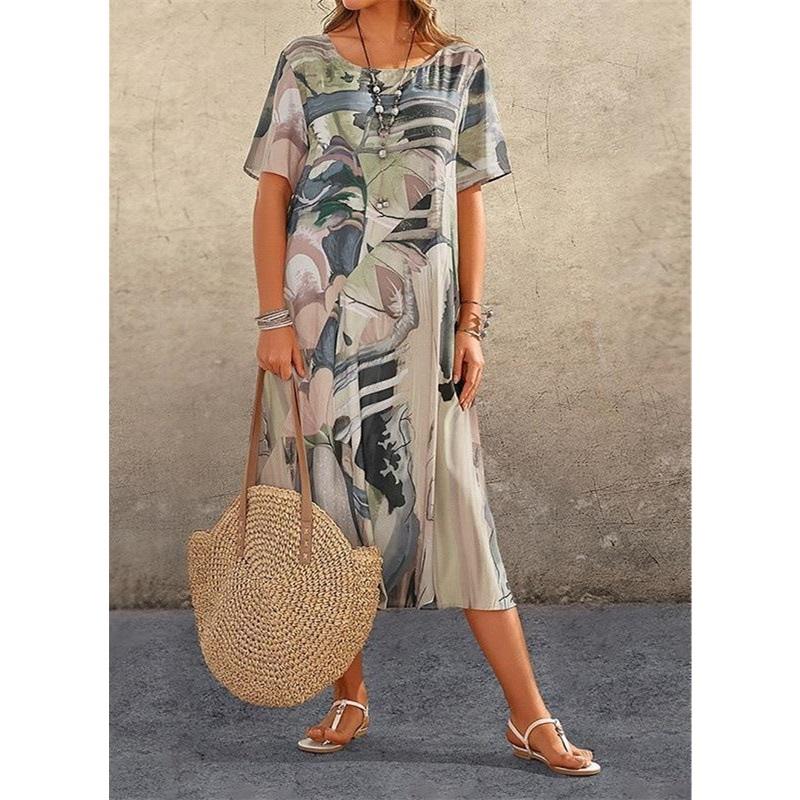 Ladies Summer European And American Style Casual Printed Dress Summer Short-sleeved Waist Round Neck Loose Beach Long Skirt