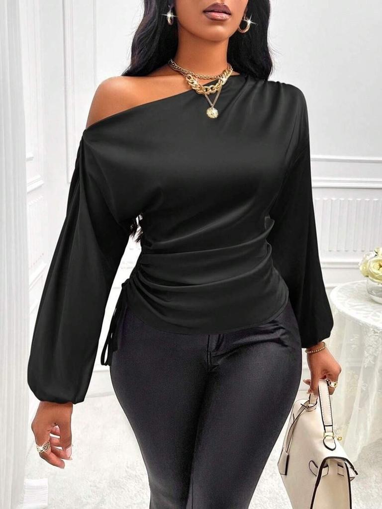 European and American new women's satin shirt, spring and summer asymmetrical long-sleeved diagonal collar shirt top