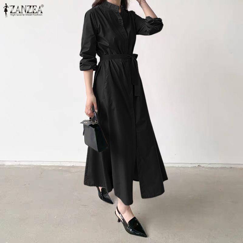 ZANZEA Women Stand Collar Loose Casual Long Sleeve Dress
