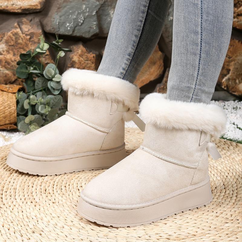 Damskie śniegowce na platformie o szerokiej tęgości, wsuwane botki zimowe z kokardką, pluszowe buty dla kobiet