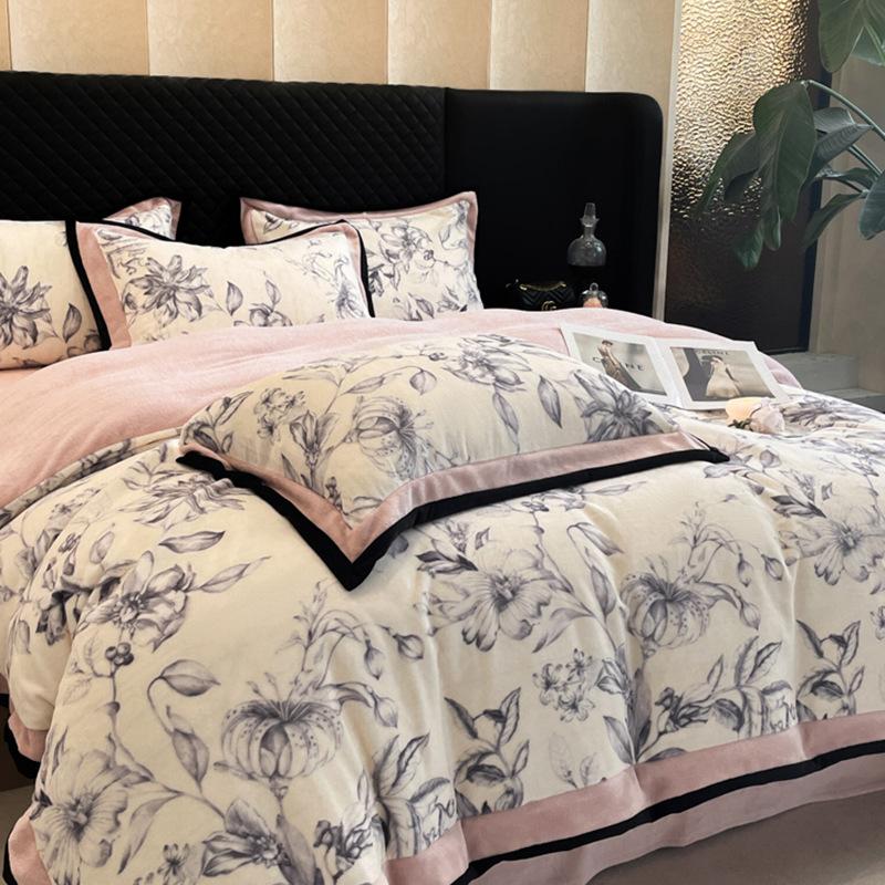 Thickened Milk Fleece Light Luxury Wide-Edge French Printing Four-Piece Double-Sided Fleece Flannel Fleece Bedding