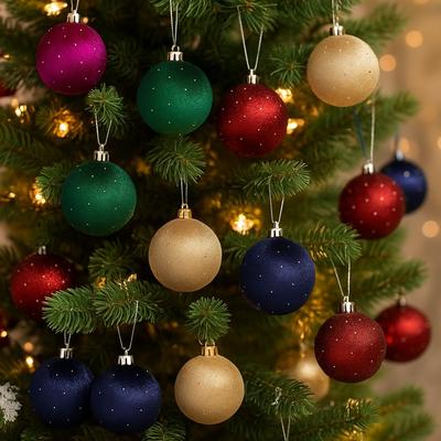 9pcs/set 8cm Christmas Ball Ornaments Flocking Glitter Christmas Spheres Shatterproof Plastic Velvet Christmas Balls