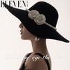 New bridal hat French black top hat elegant retro Hepburn British flat top pearl top hat