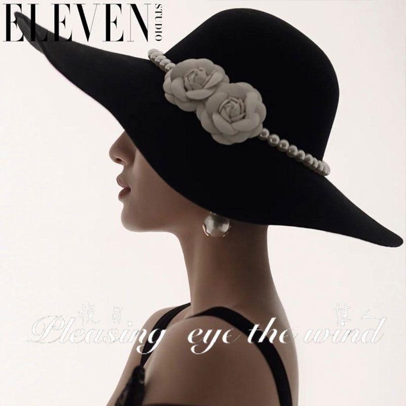 New bridal hat French black top hat elegant retro Hepburn British flat top pearl top hat