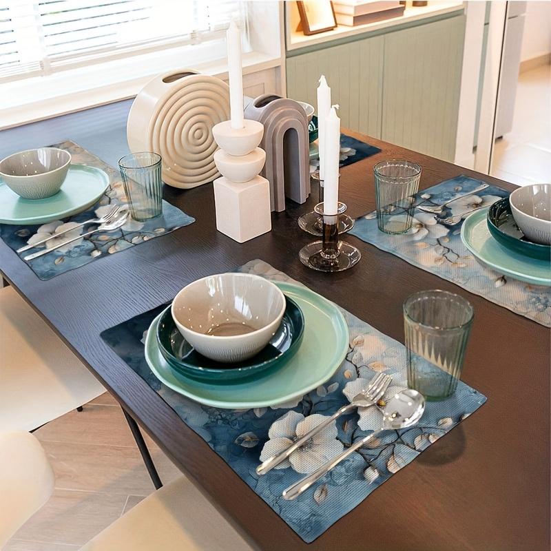 4pcs, Summer Autumn Placemats, Festival Table Mats, Beautiful White Flowers Silvery Blue Gray, 12 X 18 Inch, Suitable for Indoor, Outdoor, Kitchen, Fa