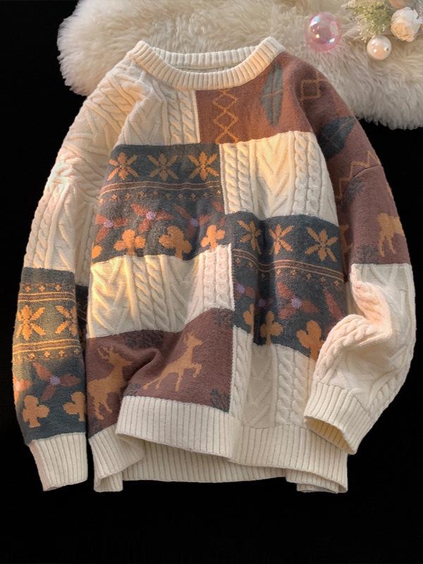 Men's Retro Patchwork Knit Sweater: Warm, Thick, Stylish, and Loose-Fit Winter Jacket