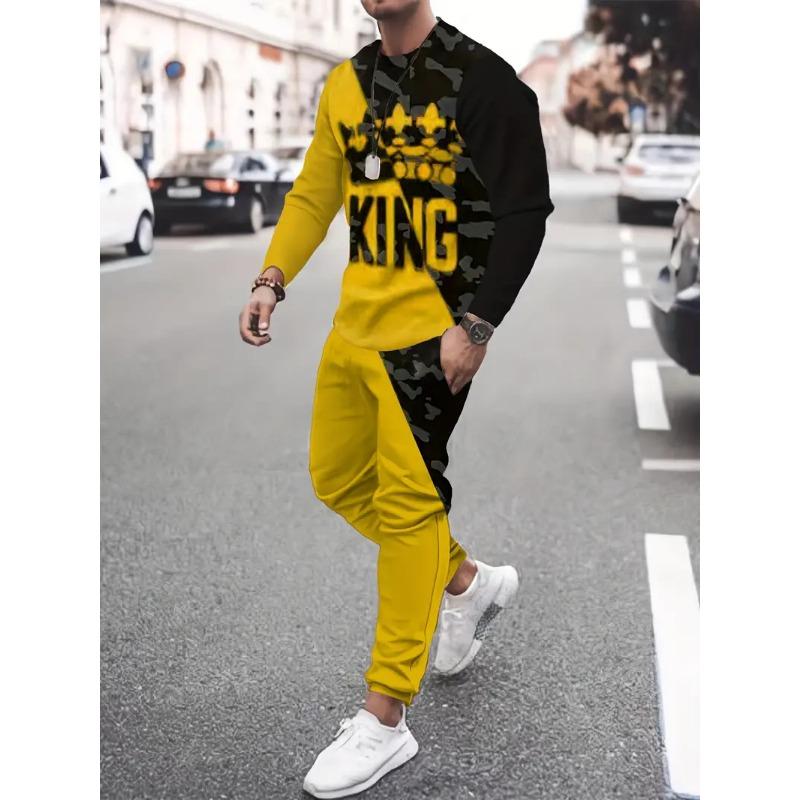 Beliebte Herren Langarm T-Shirts Hosen Set 3D Krone König Druck Herren Sportbekleidung Sommer 2025 Neuer Trainingsanzug Jogger 2-teilige Outfits