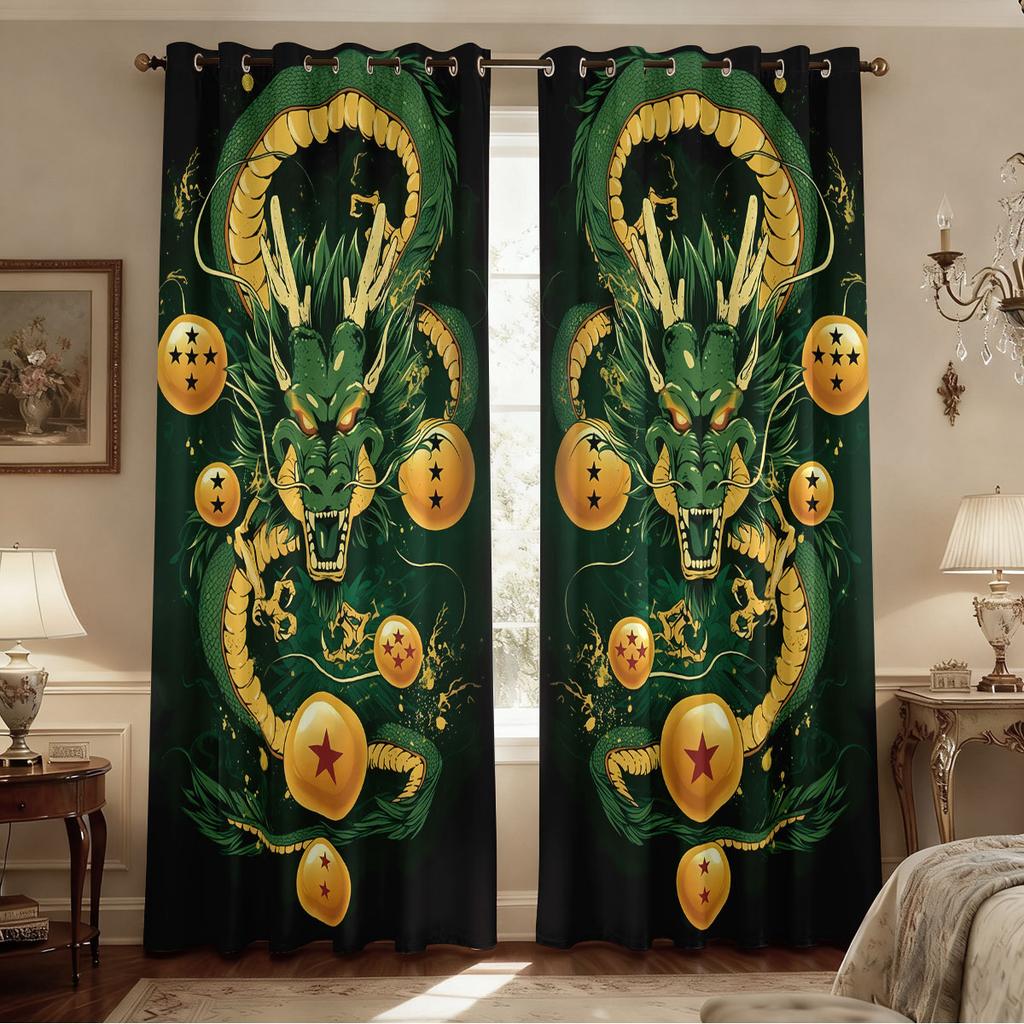 Set Of 2 Cartoon Green Dragon Animal Print Perforated Curtains Available Multiple Sizes Living Room Insulation Decoration Curtain Darkening For