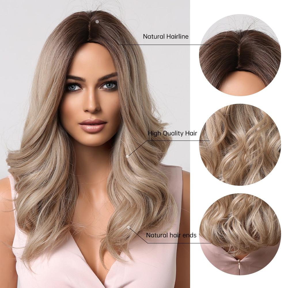 ALAN EATON Medium Long Water Wave Ombre Brown Blonde Synthetic Wigs Natural Middle Part Heat Resistant Hair Wigs for Black Women