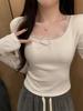 White Floral Lace Low-Cut Long-Sleeve Slim T-shirt for Women - Spring & Autumn Style