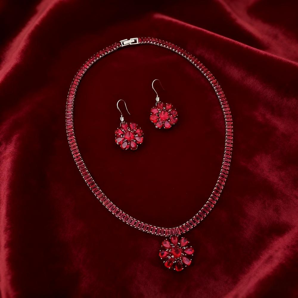 Flower Pendant Earrings Necklace Two-Piece Set Zircon Flower Earrings Necklace Jewelry Set Women S Jewelry