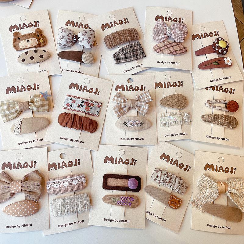 2pcs Coffee Plaid Embroidered Bow Hairpin Version of Children's Bangs Broken Hair BB Baby Headwear Girls Kids Hair Accessories