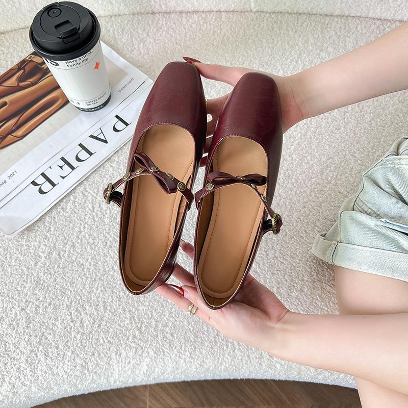 Retro Small Square Head Shallow Mouth Bow Shoes Thick Heel Casual Driving Single Shoes Women's Summer Women's Flats