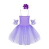 Girls Ballet Dance Dress, Sleeveless Tutu with Spaghetti Straps, Rhinestone & Lace Decor, Mesh Skirt + Headdress & Ruffle Band