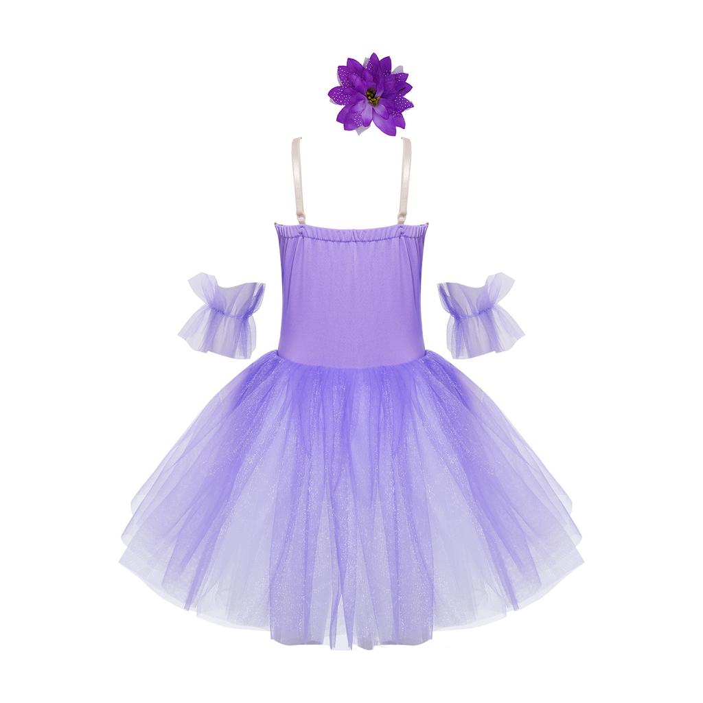 Girls Ballet Dance Dress, Sleeveless Tutu with Spaghetti Straps, Rhinestone & Lace Decor, Mesh Skirt + Headdress & Ruffle Band