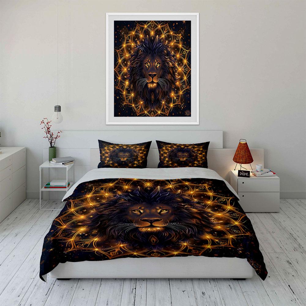 "Golden Lion Mandala Design Set" kid's and adults' bedroom decor, Exquisite three-piece bedding set gift