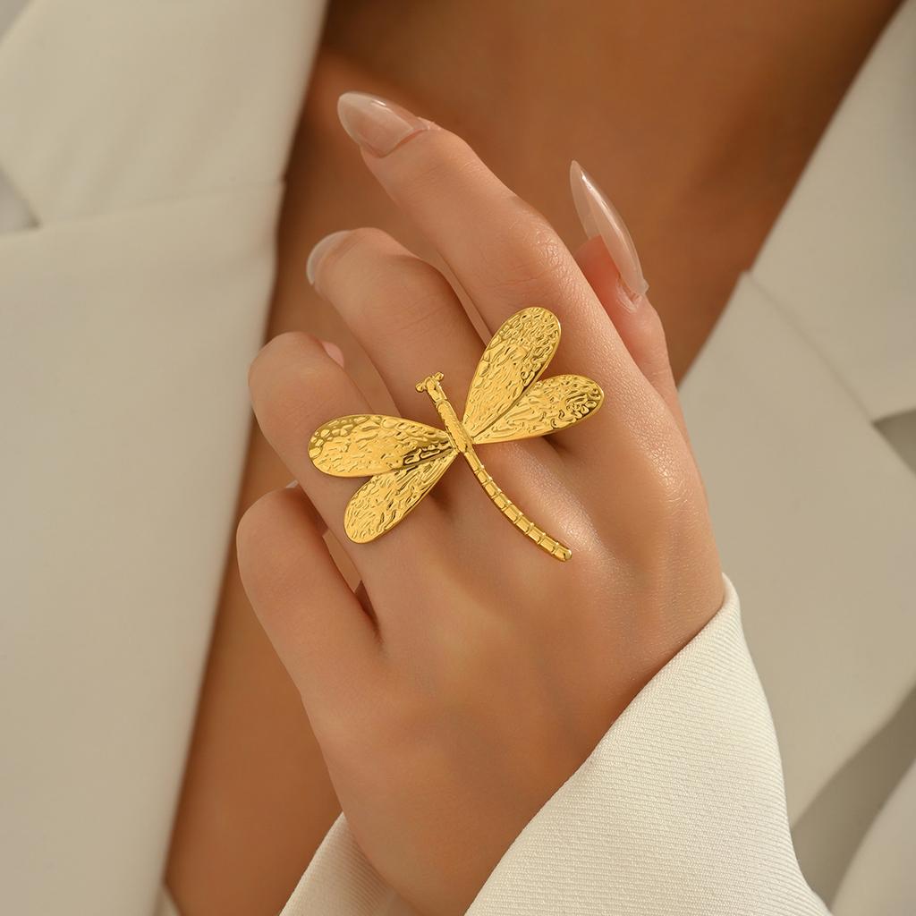 Wind Personality Ladies Ring, Geometric Folds Dragonfly Design Versatile Opening Plain Ring Women