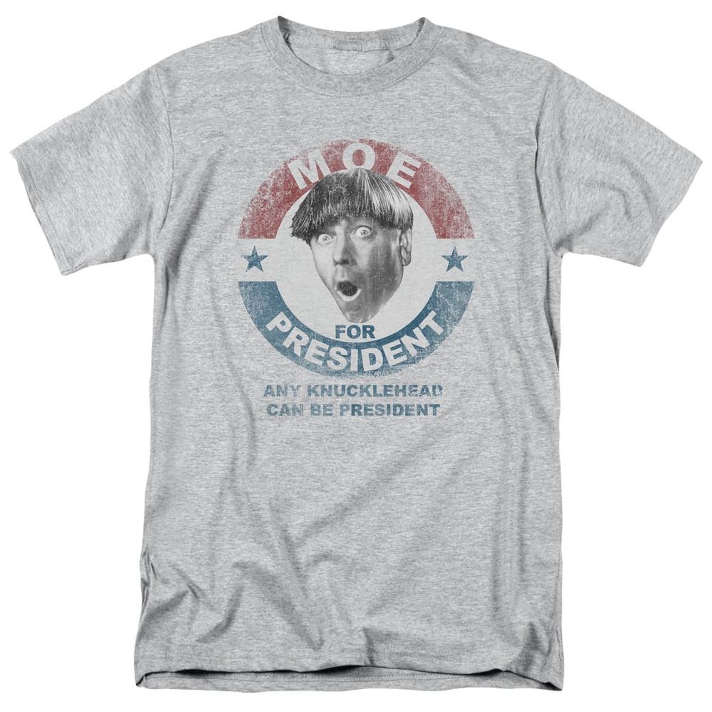 Three Stooges - Moe For President - Adult Unisex Short Sleeve T-Shirt - Gray XL