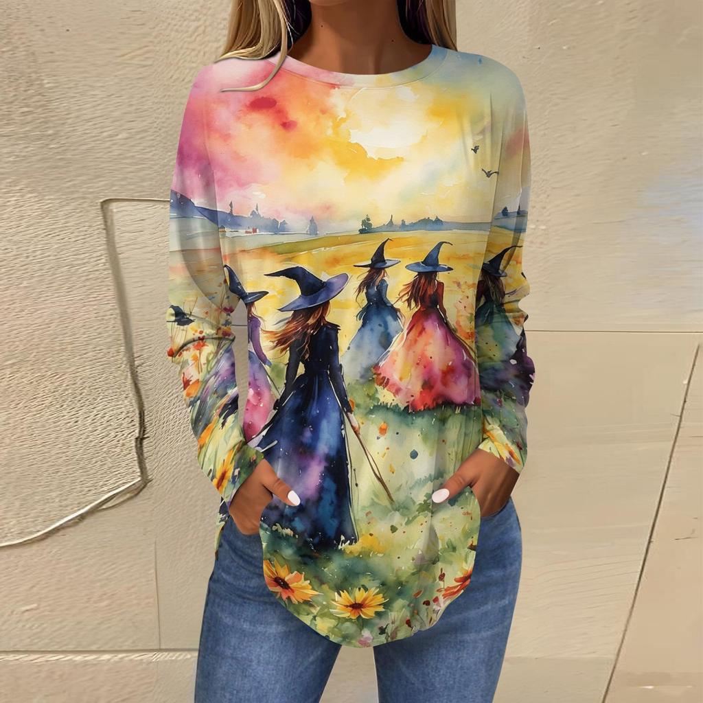 Women's Loose Fit Round Neck Long Sleeve Halloween Printed T-Shirt Vintage Irregular Hem Pullover