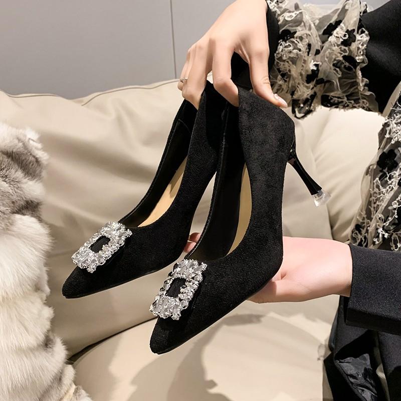 Autumn New Thin Heel Shoes Women's Fashion Pointy Shallow Mouth Suede Crystal Buckle Non-slip High Heels