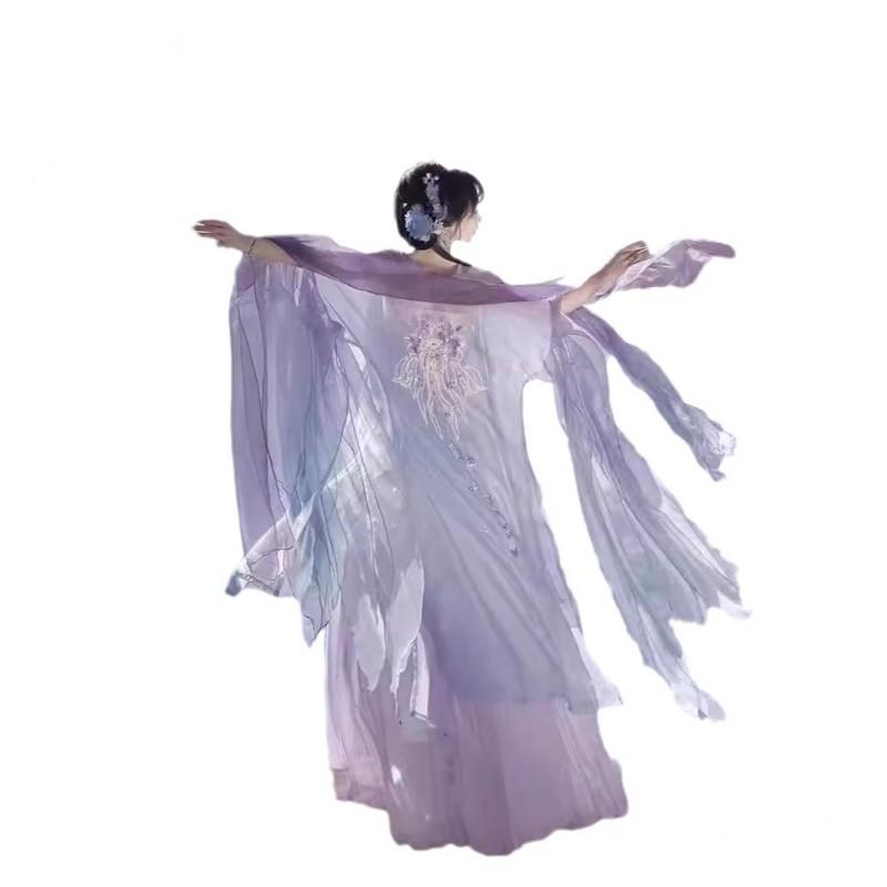 Damen Tang-Dynastie Stil Hanfu Kleid Mit Gestickten Weiten Ärmeln Hoher Taille Ruqun In Lila-Blau Leichter Chiffon