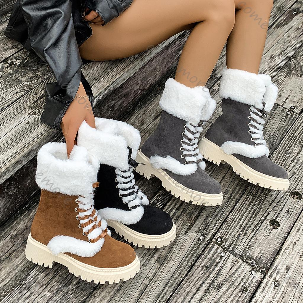 Comemore Thicken Plush Snow Boots for Women Winter Fur Platform Woman Mid-calf Lace-up Snow Boots Plush Casual Cotton Shoes