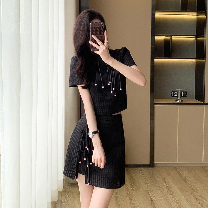 Elegant Black Chinese Style Women's Summer Suit Set, 2026, Lightly Mature Two-Piece Skirt