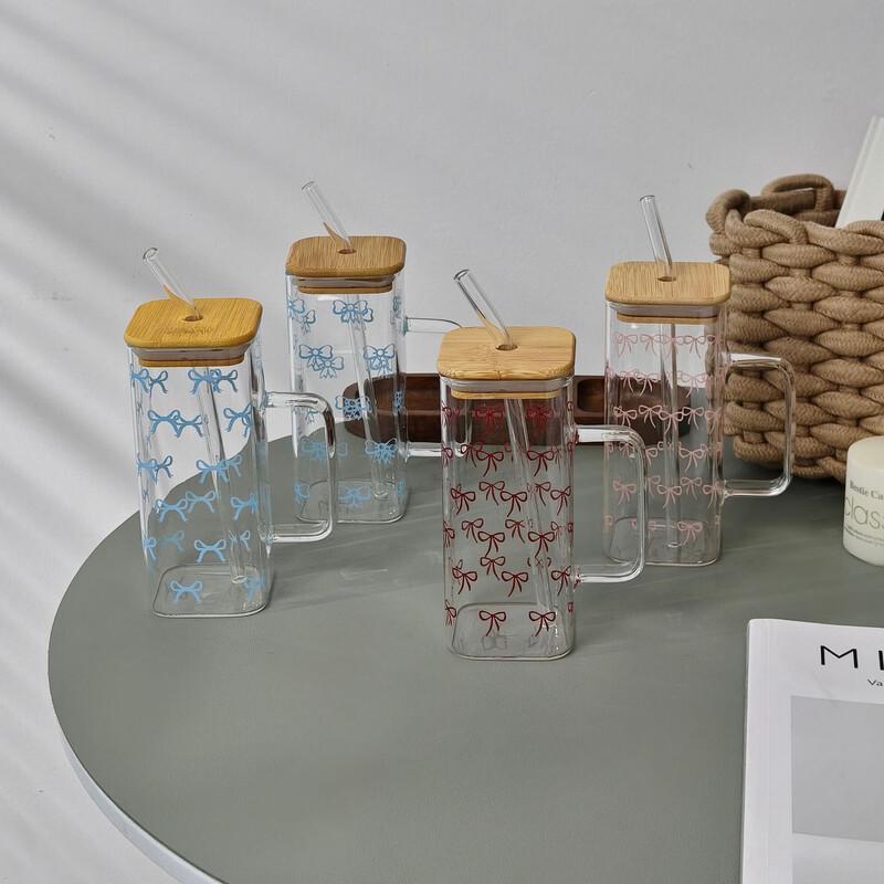 Shangqi Dívčí Růžová S Mašlí Skleněná Láhev na Vodu se Slamkou