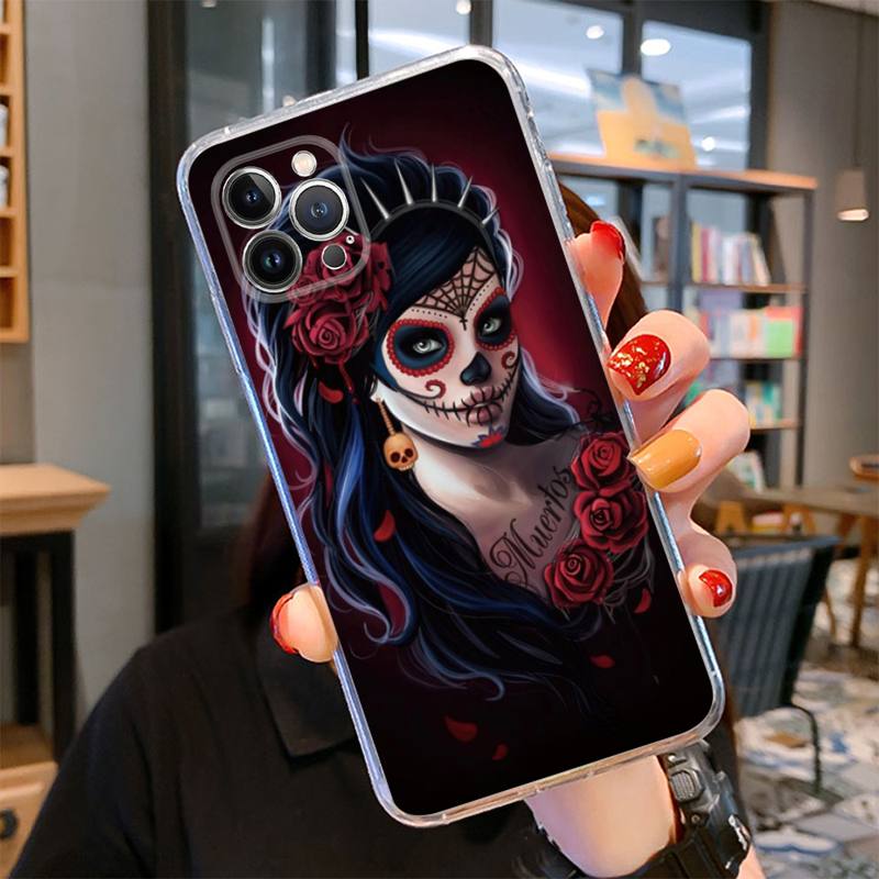 Catrina Beautiful Rose Girl Skull Phone Case For iPhone 14 13 12 11 Pro Max XS X XR SE 2020 6 7 8 Plus Mini Transparent Shell