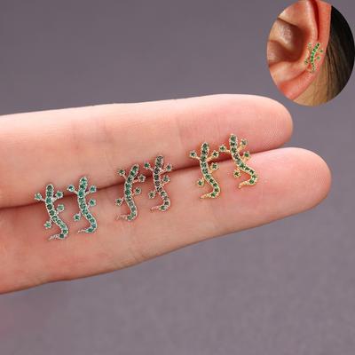 Stainless Steel Green Little Gecko Stud Earrings for Women Minimal Crystal CZ Punk Animal Earings Piercing 2023 Trend Jewelry