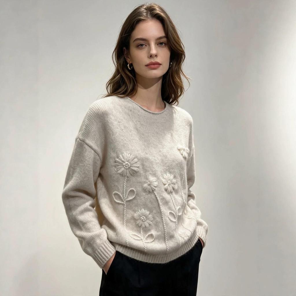 3D Floral Alpaca Wool Pullover: Soft, Fluffy, Versatile Knitwear for 2026 Autumn/Winter