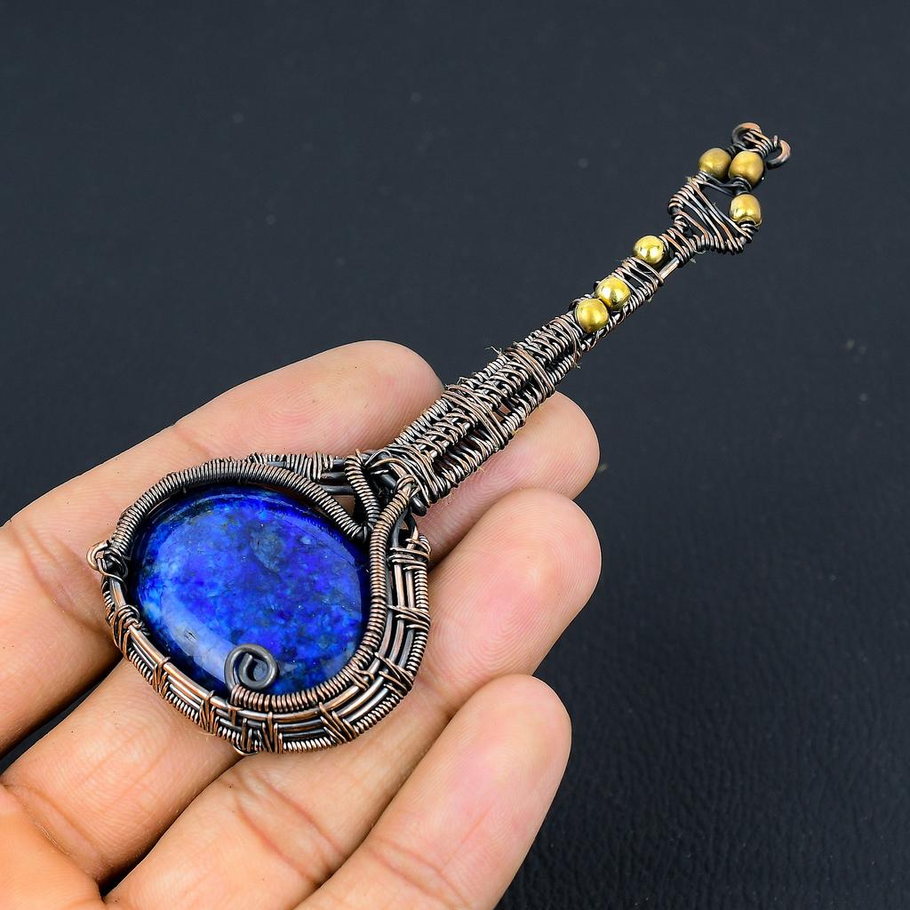 Natural Guitar Lapis Lazuli Gemstone Handmade Copper Wire Wrap Pendant 4.33 s0P54