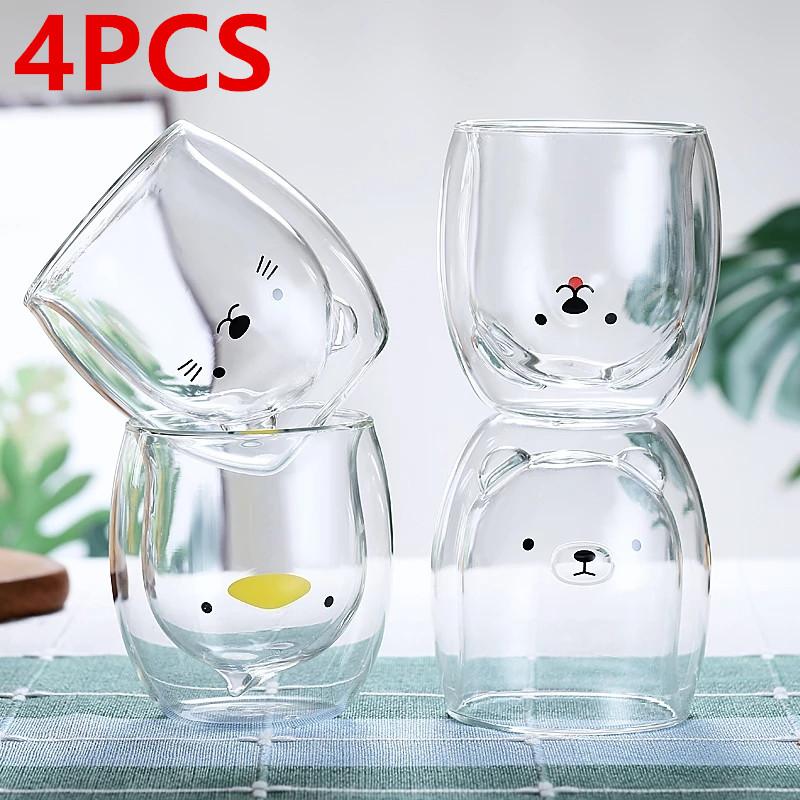 4PCS Creative Cute Double Wall Glass Mug 250ml Bear Cat Dog Duck Animal Glass Mug Cute Beer Milk Coffee Cup Valentine s Day Gift 250ml