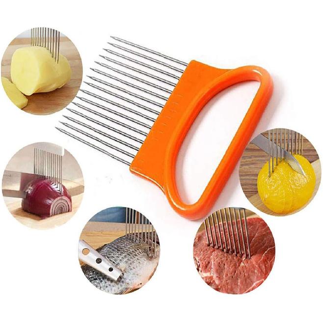 2Pcs Onion Holder Slicer, Stainless Steel Tomato Lemon Potato Vegetable Holder Slicer Cutter Tool for Kitchen Worker Slicing