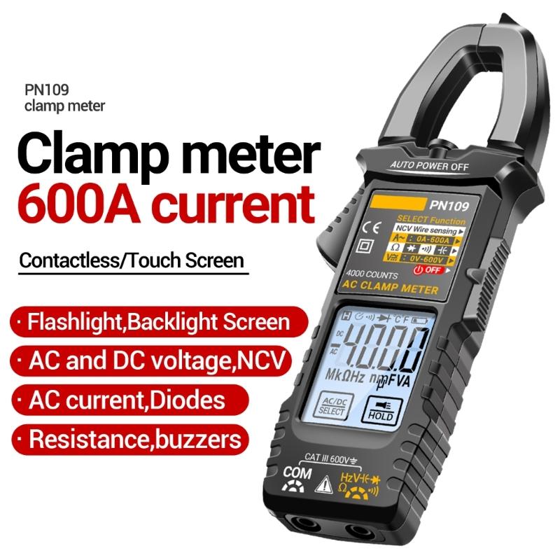 PN109 Clamp Meter Voltage Current Tester 4000 Counts Backlit Multimeter for Resistance Diode NCV Testing