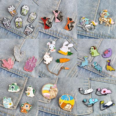 2-6pcs Brooch Set Cartoon Animal Cats Enamel Pins Shiny Spar Bubble Tea Dinosaur Badge Cute Bag Lapel Pin Jewelry Gift Wholesale