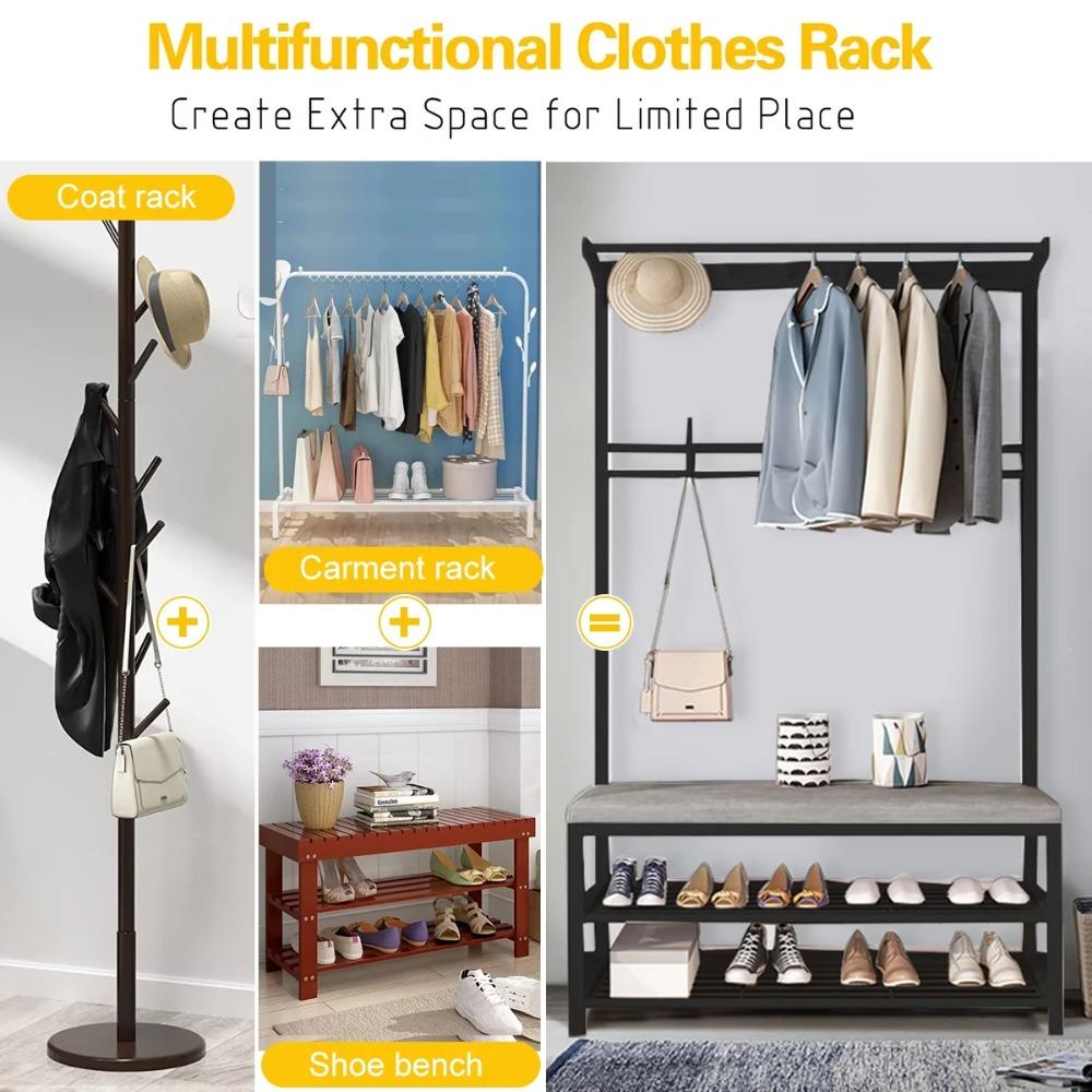 5-in-1 Garderobenbaum, Multifunktionaler Kleiderständer mit Bank & 2-stufigem Schuhregal, 10 Haken, Schwarz