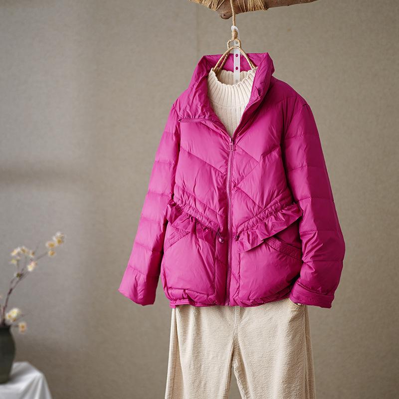 Down jacket women's short model New Year's fashion lace stand-up collar loose small white duck down jacket trendy