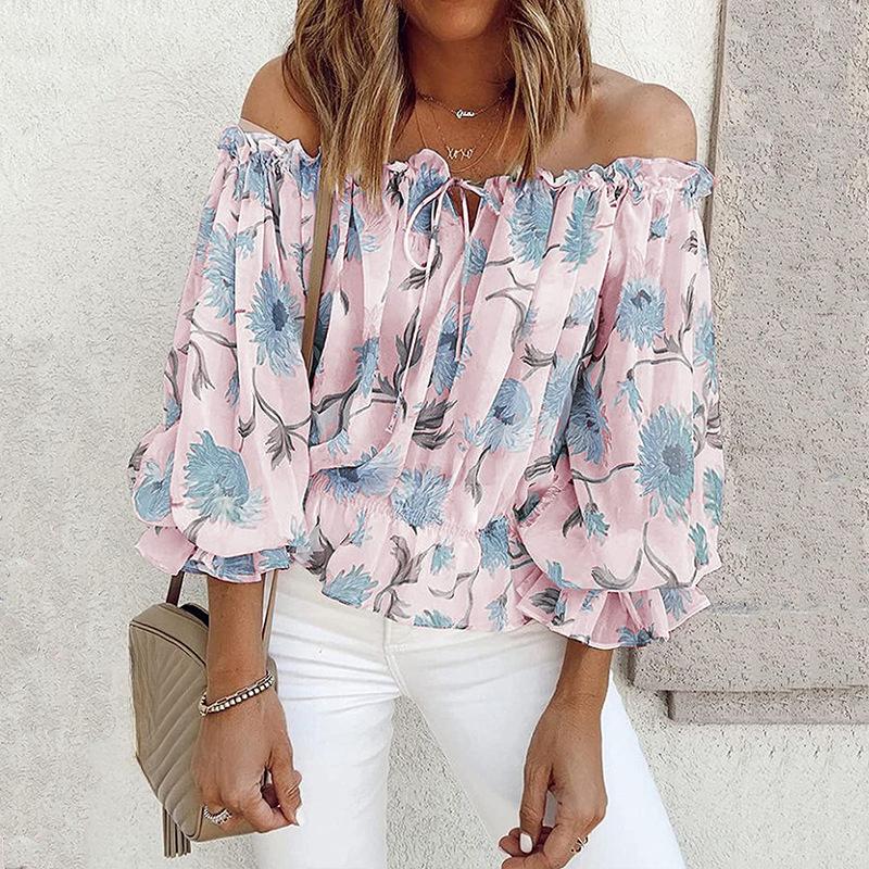 

YYFS Women s Fashion Casual Spring Autumn Flower Pattern Print Long Sleeve One Shoulder Blouses & Shirts XXL рожевий