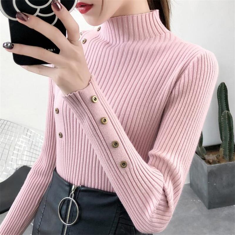 2020 frauen Herbst Gestrickte Pullover Solide Strickte Weibliche Baumwolle Weiche Elastische Farbe Pullover Taste Volle Hülse Rollkragen