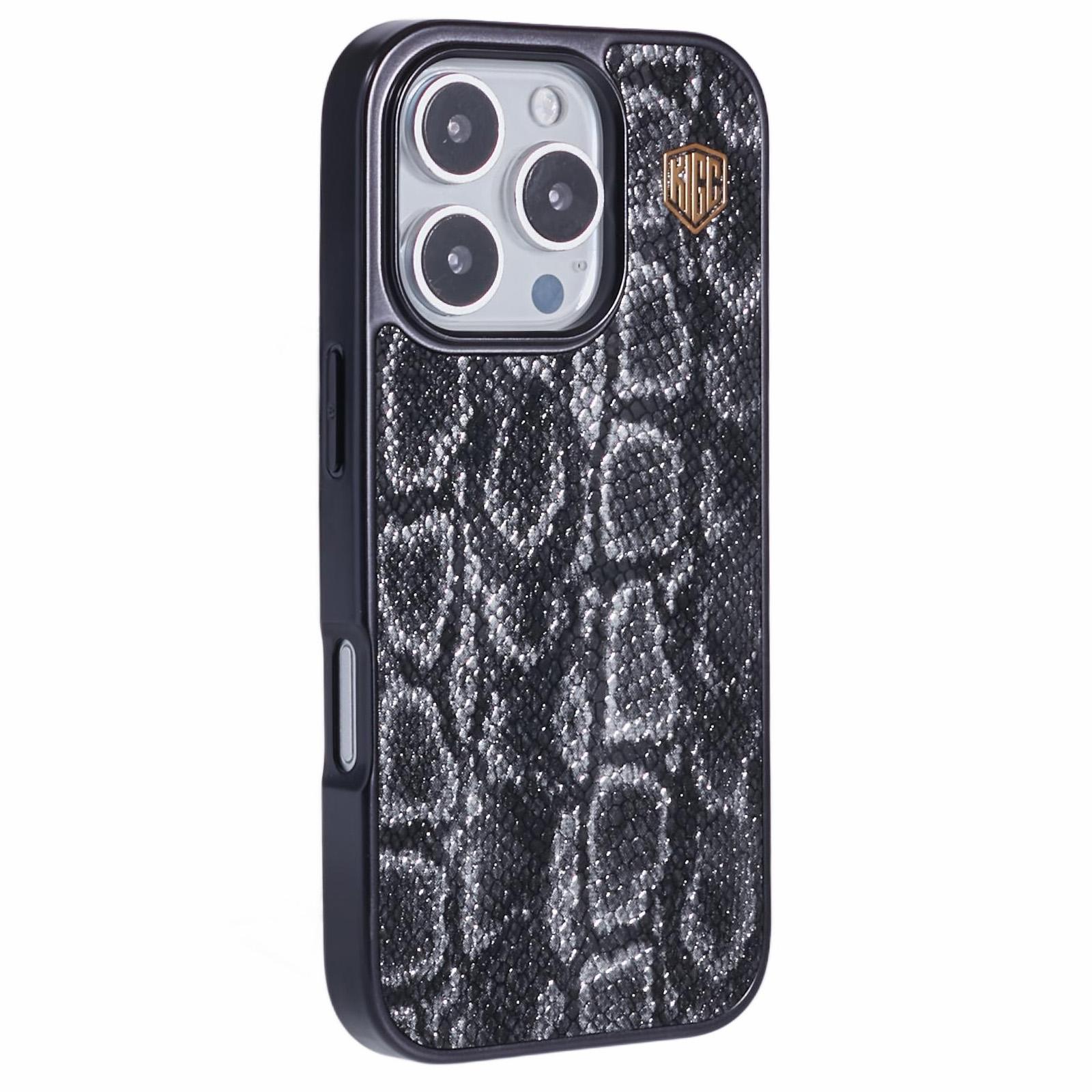 

KIGC For iPhone 16 Pro Case Compatible with MagSafe Snake Texture Leather+PC+TPU Back Cover Black