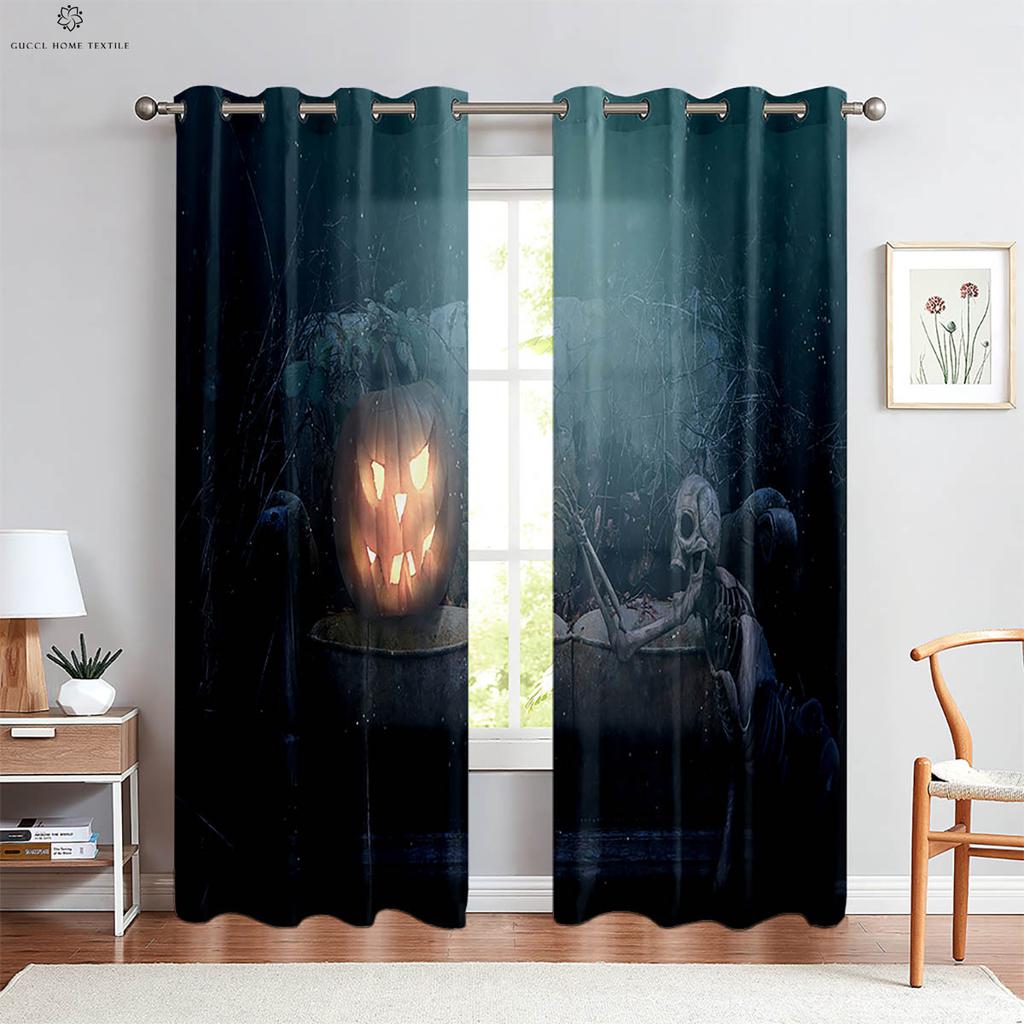 Cartoon Print Curtains, Horror Skull, Pumpkin, Bedroom, Living Room, Restaurant, Holiday Party, Decorative, 2 Pcs