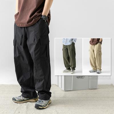 Korean and Japanese Style Men's Pleated Workwear Pants Spring Autumn Drawstring Trousers Loose Casual Long Pants with 3D Pocket
